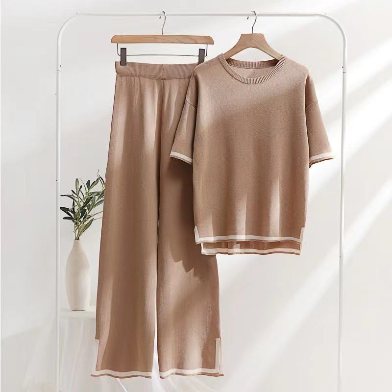 Color Contrast Split Short-sleeved Knitwear High-waisted Slimming Wide-leg Trousers Long Pants