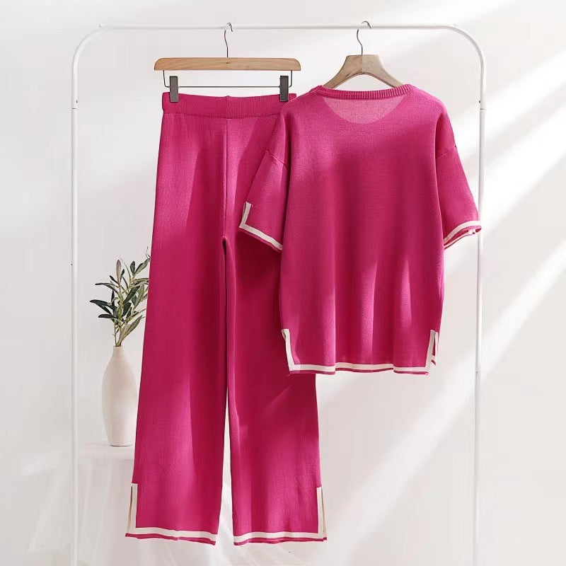 Color Contrast Split Short-sleeved Knitwear High-waisted Slimming Wide-leg Trousers Long Pants